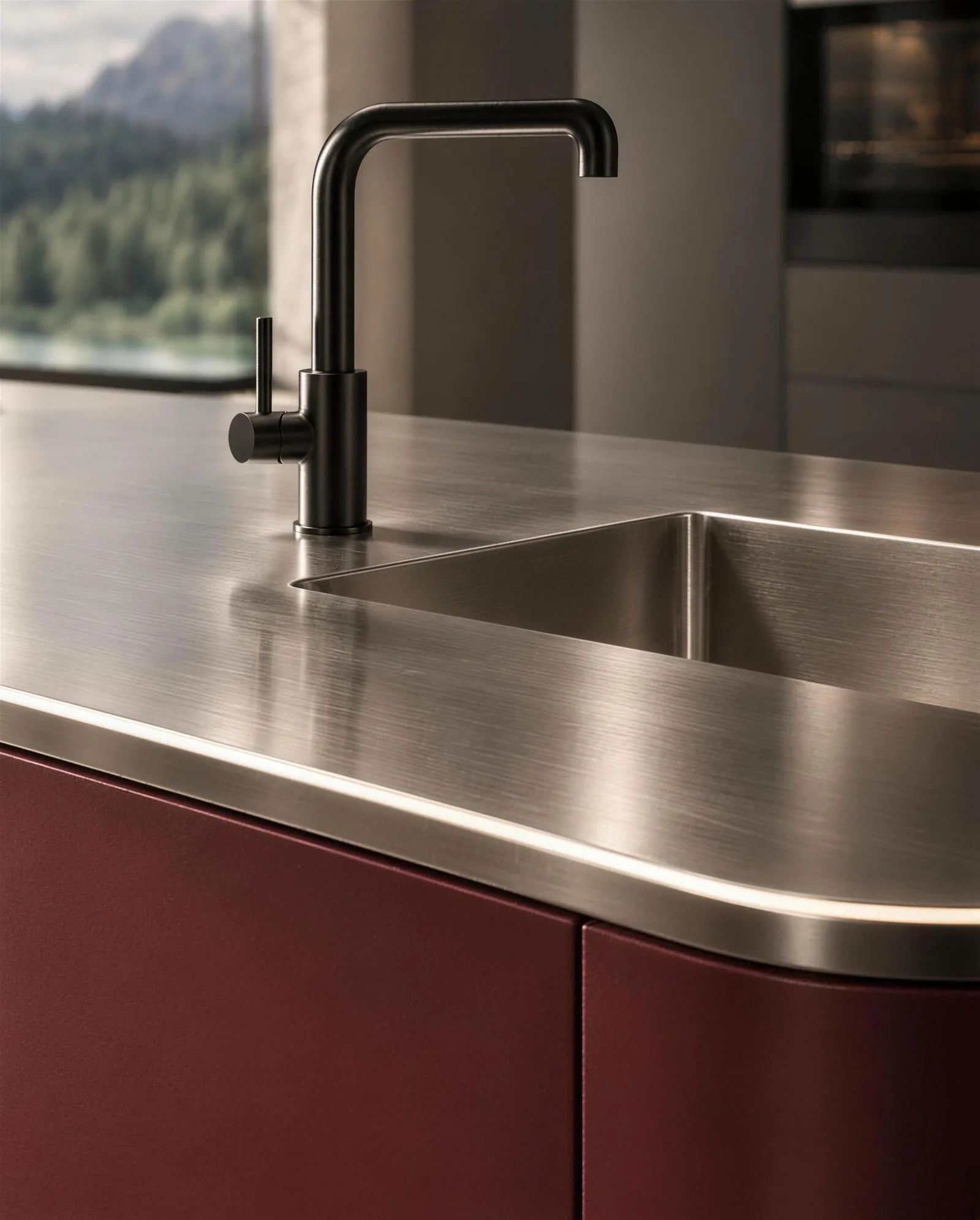 Burgundy Curved Island: sink and tap