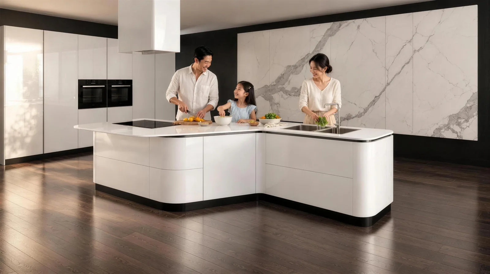 A family of three prepares a meal together at a white Platiné peninsula kitchen