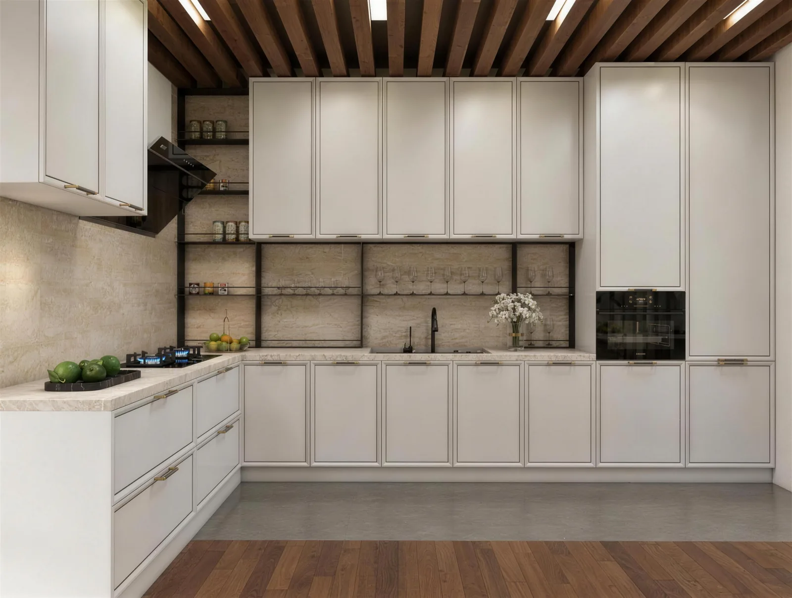 Travertine Classic Kitchen: Framed Doors &middot; Brass Detail