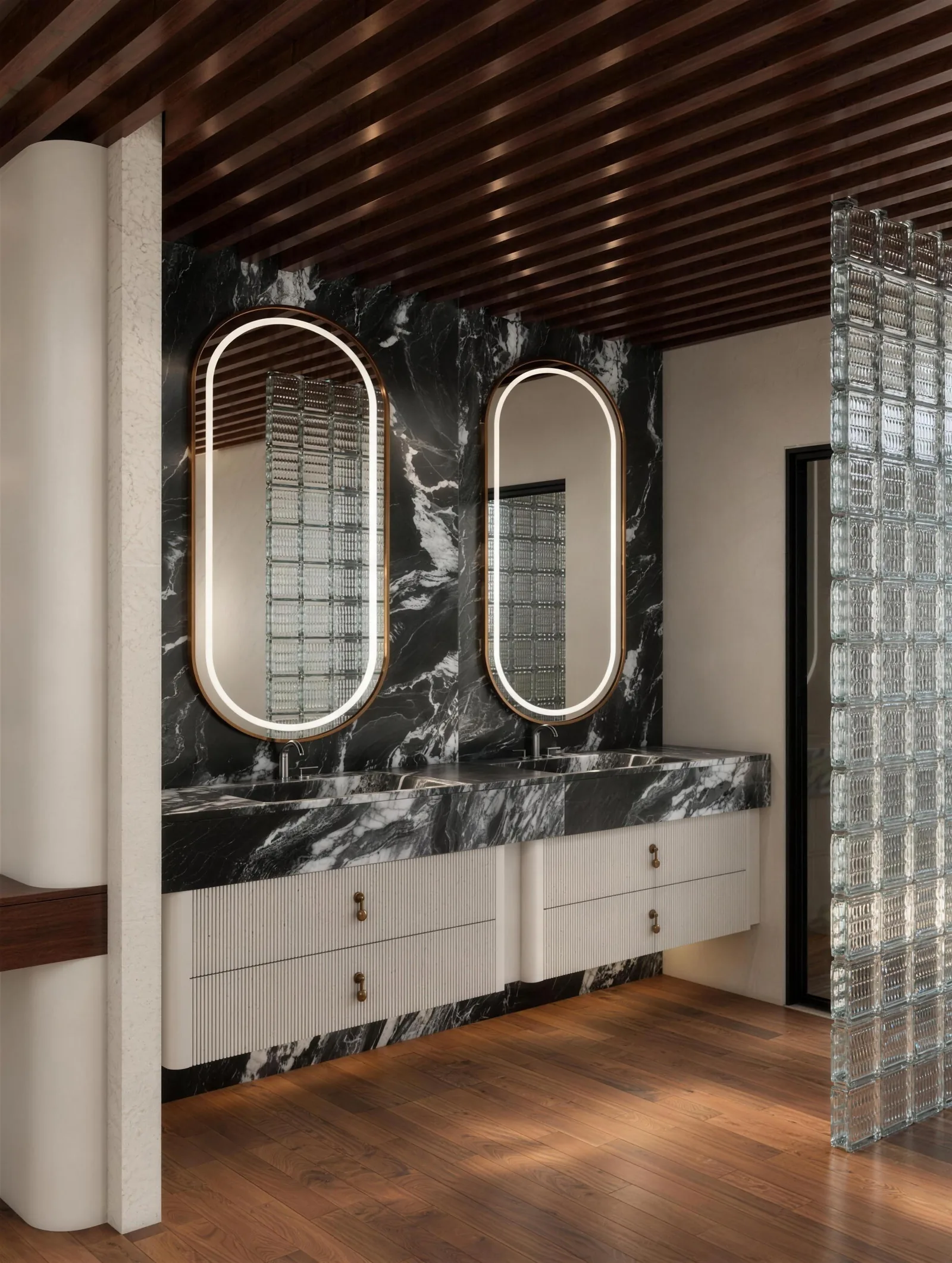 Bathroom, Powder & Utility: Black Marble &middot; Fluted Vanity