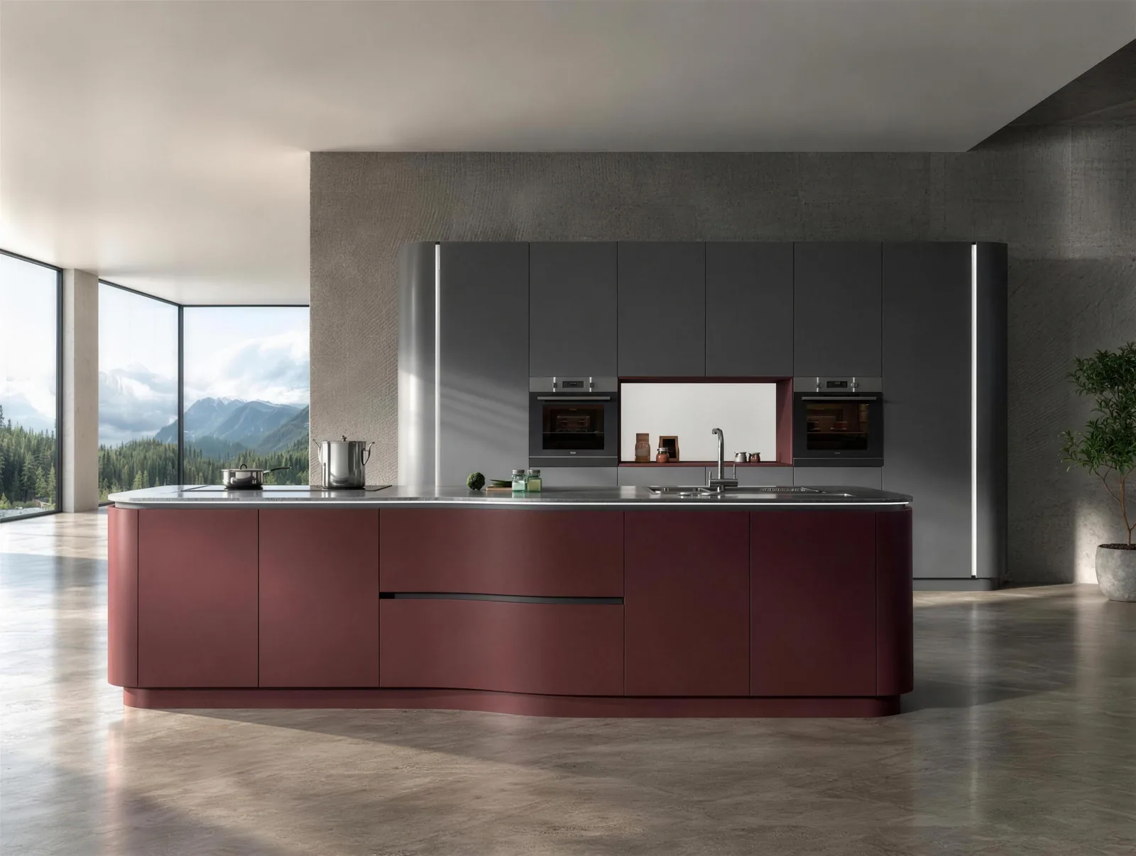 Burgundy Curved Island: Sculpted Edge &middot; Mountain View