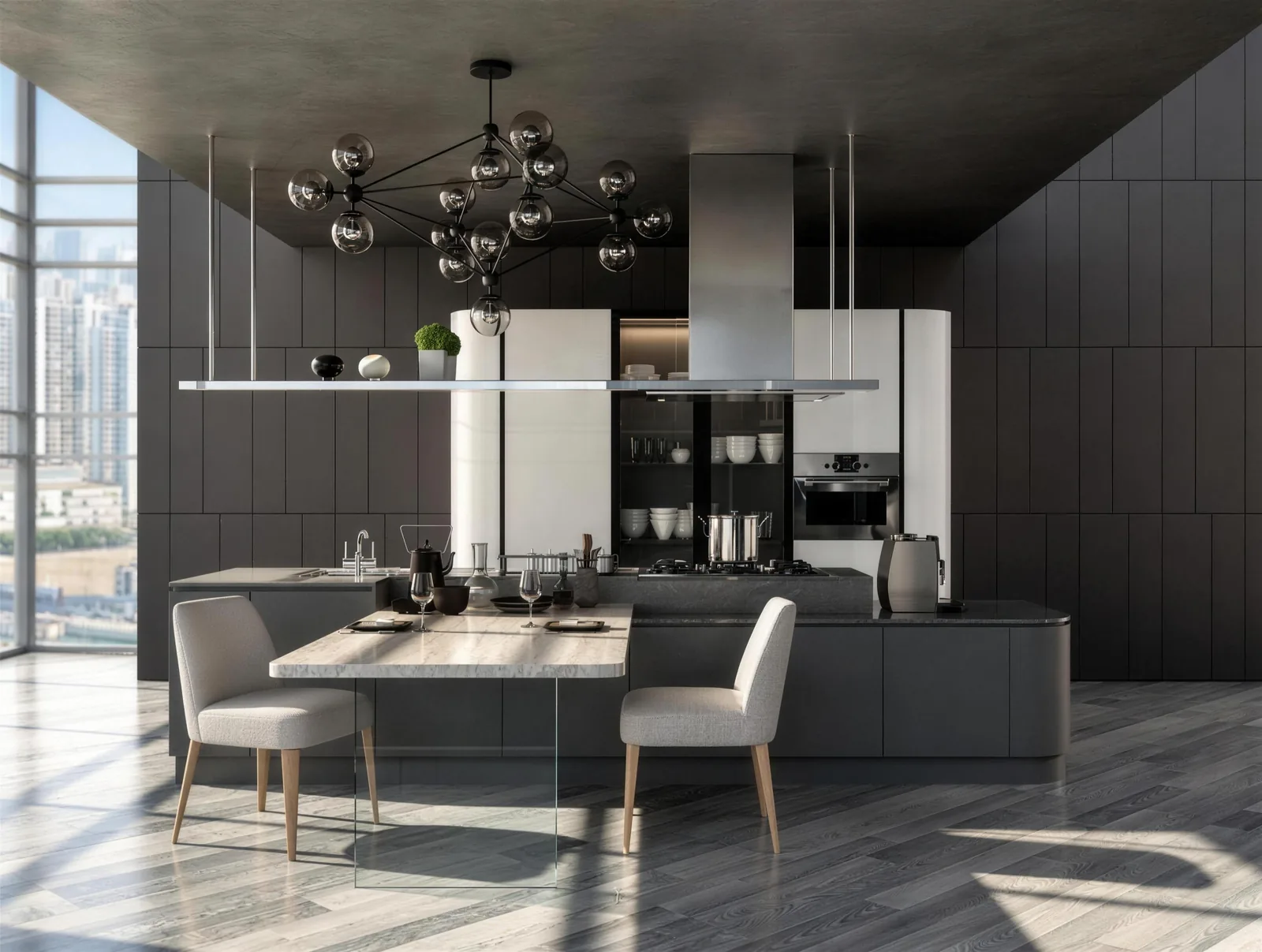Onyx Loft Kitchen: Sculptural Pendant &middot; City Skyline