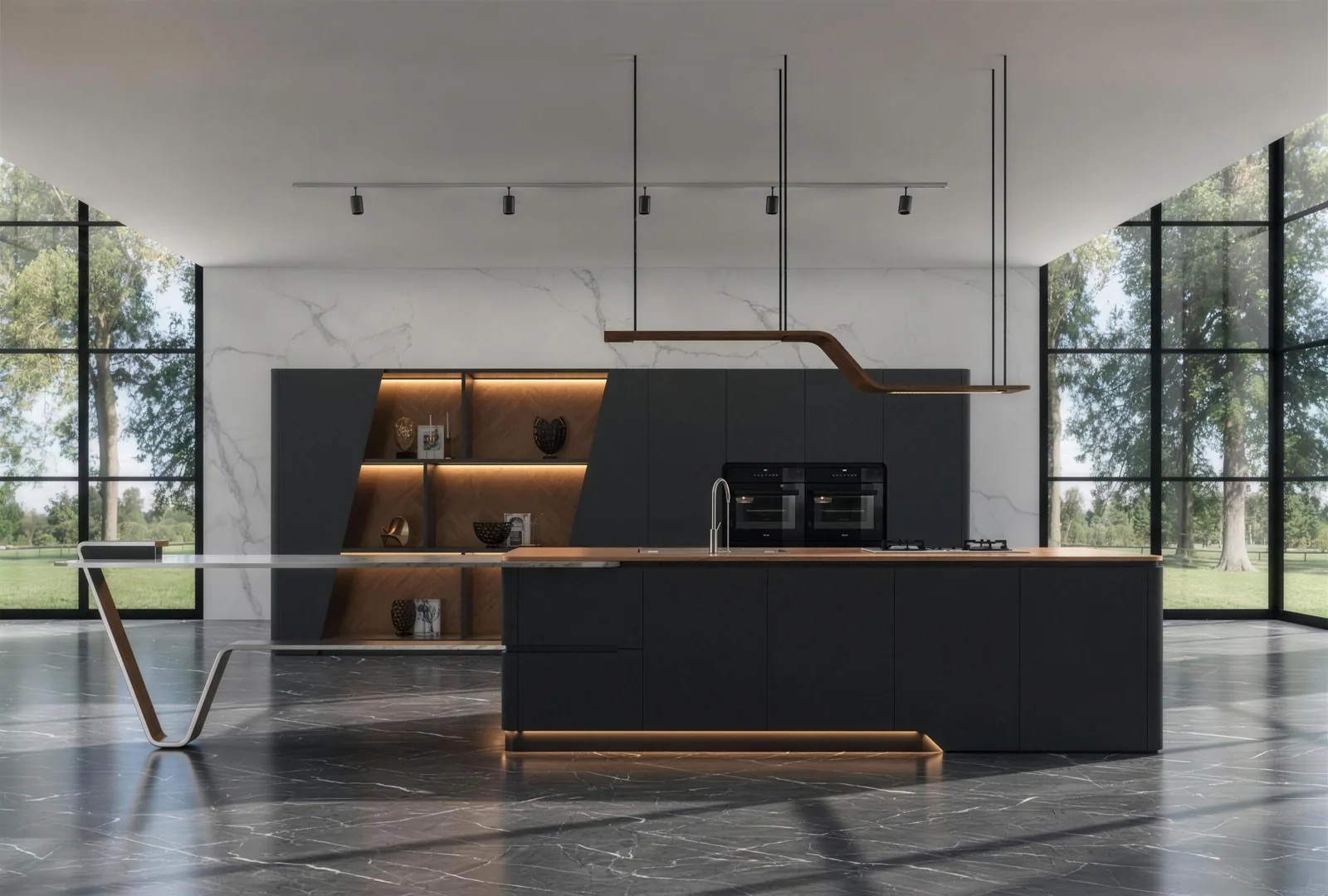 Matte Black Island: Backlit Display &middot; Stone Floor