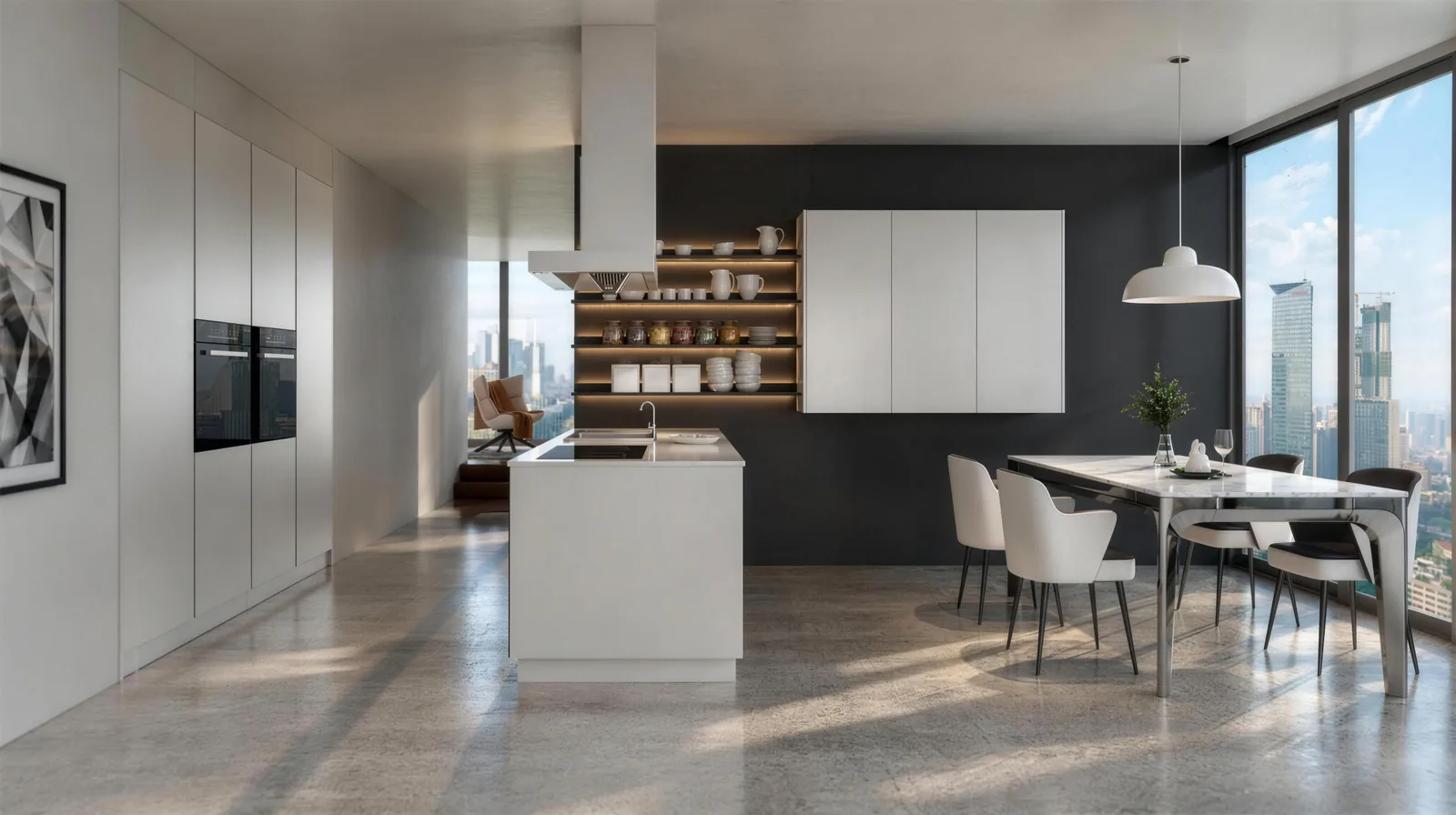 Skyline Dining Kitchen: Island + Dining &middot; City View