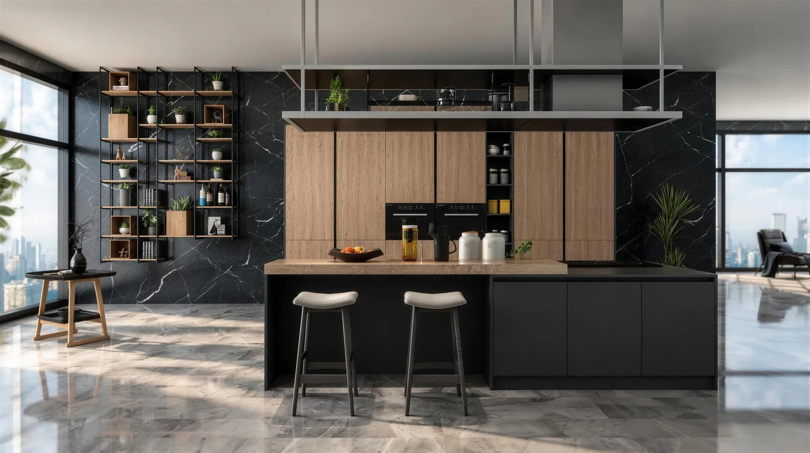 Walnut & Noir Kitchen: Open Shelving &middot; City View
