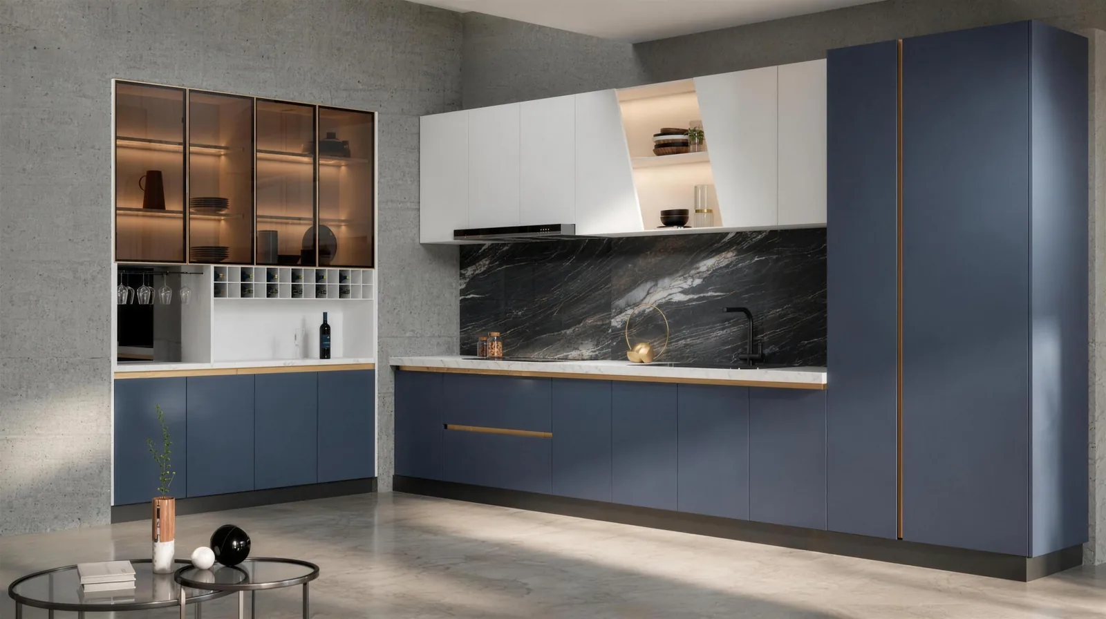 Navy & Marble Kitchen: Black Marble Splashback &middot; Brass Trim