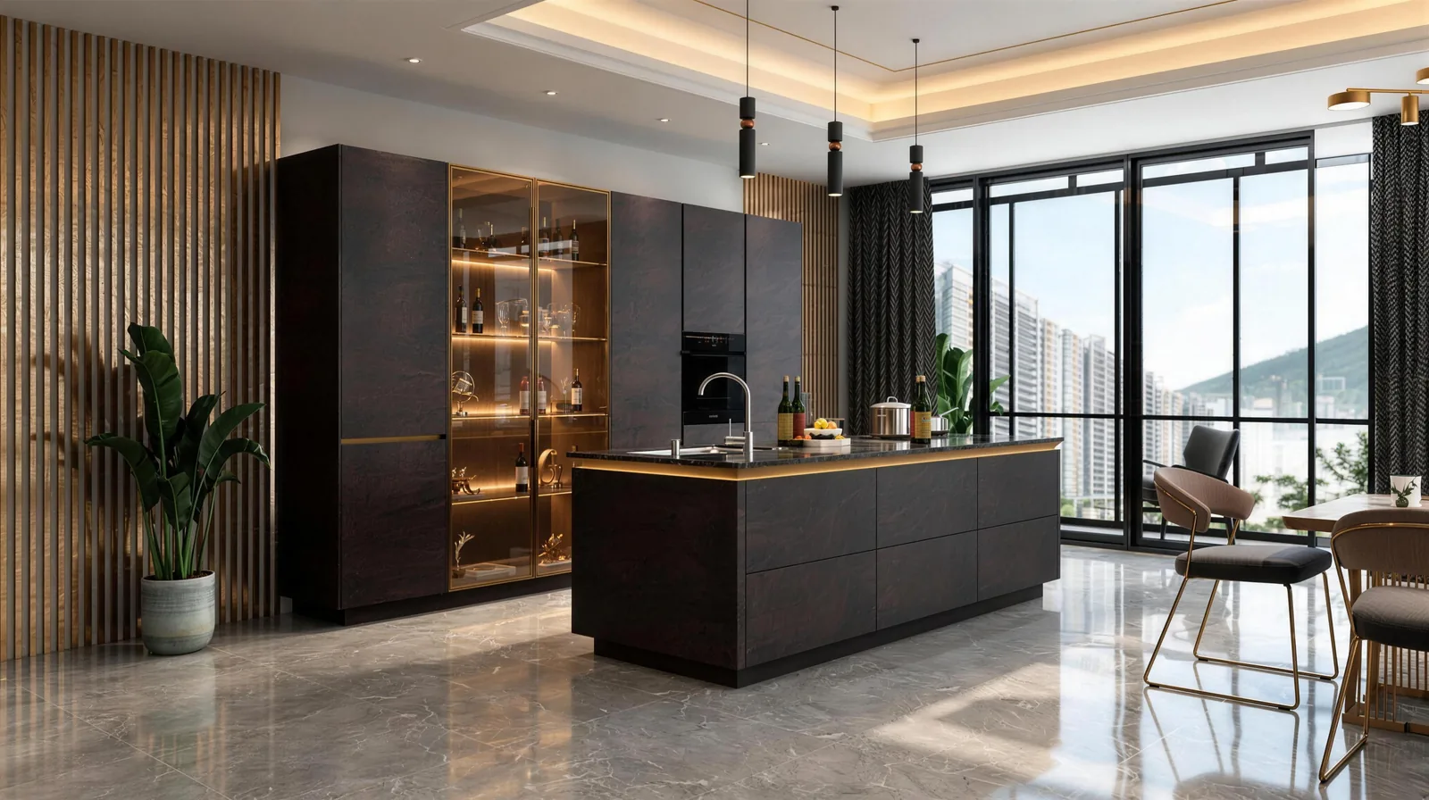 Bronze & Gold Kitchen: Statement Island &middot; Wine Display