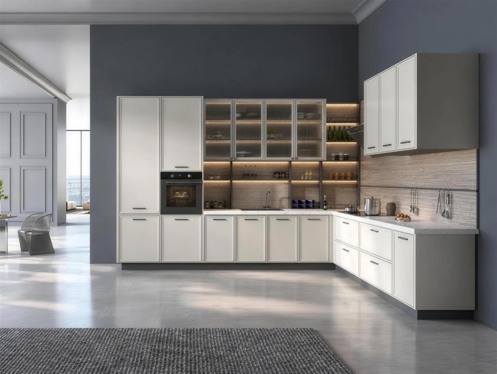 Uptown Ivory Kitchen: Glass-Front Cabinetry &middot; City View
