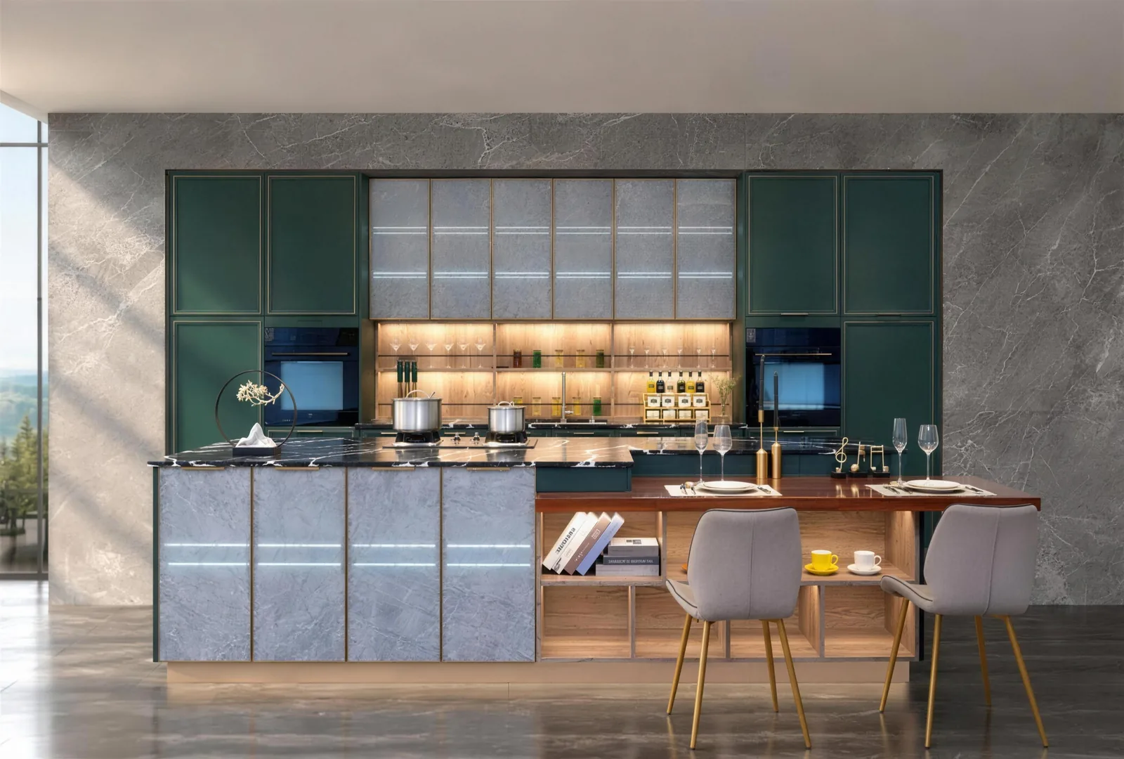 Emerald Marble Kitchen: Book-Matched Island &middot; Dining Nook