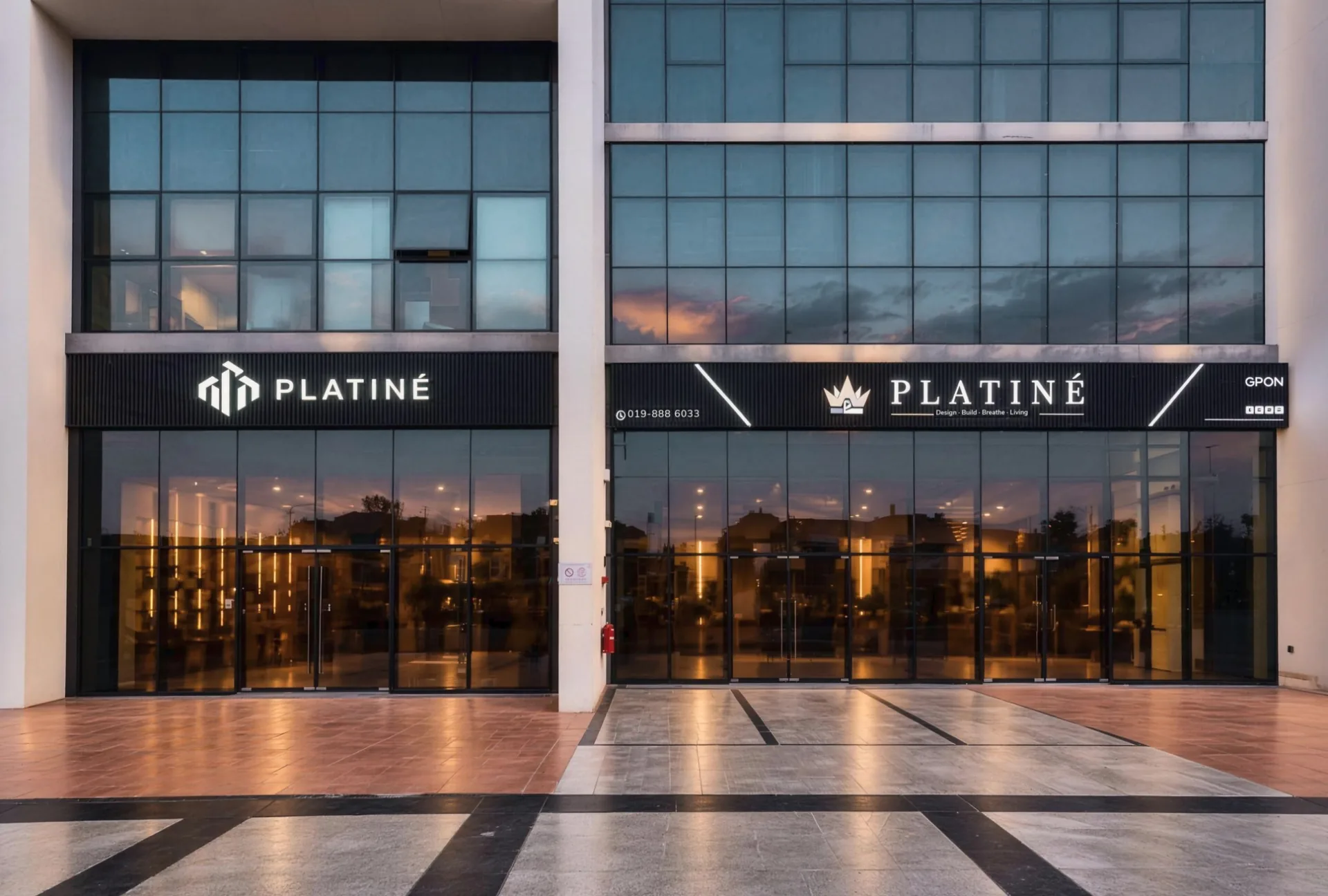 The Platiné showroom frontage at Emhub Kota Damansara at dusk